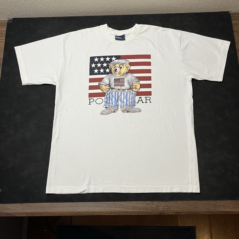 Vintage Ralph Lauren Polo Bear Shirt USA Flag 1992 Stadium Snow beach P Wing